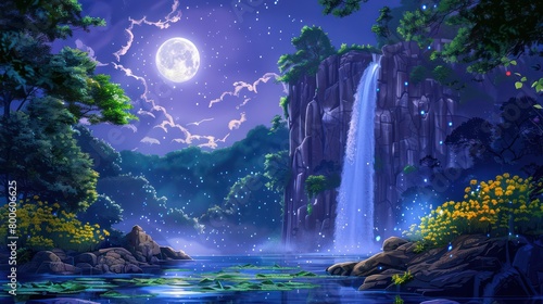 An enchanting digital illustration of a moonlit waterfall amidst a serene night-time forest, evoking quietude and wonder