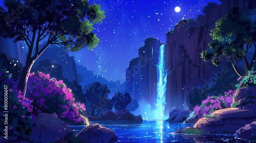 Magical starry night scene with a vibrant waterfall oasis, surrounded by lush flora