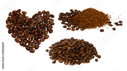 Many coffee beans groups isolated on transparent background. Roasted whole grains bunches set cut out PNG. Instant granules. Photo for cosmetic, liqueur, alcohol packaging layout design. Varieties mix