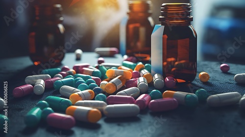 a jar of pills strewn on a table photo