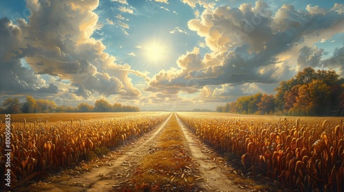 A painting of a field with a road in the middle and a sun in the sky