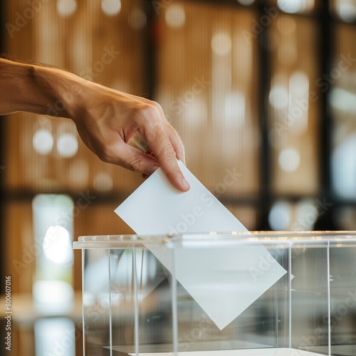 A hand placing a voting sheet into a transparent ballot box, symbolizing the democratic process and the importance of civic participation in elections