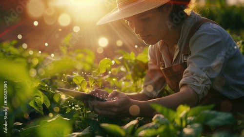 Closeup a smart farmer using tablet to analyzing farm plant in the morning. Generated AI image