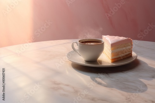 A steaming cup of coffee sits next to a slice of cake on a marble table. photo