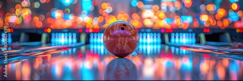 A striking close-up shot of a bowling ball with a blurred background of neon lights that create a bokeh effect, highlighting the leisure theme