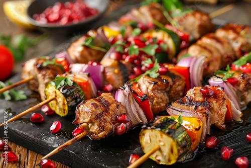 Pork and vegetable kebabs with pomegranate salsa