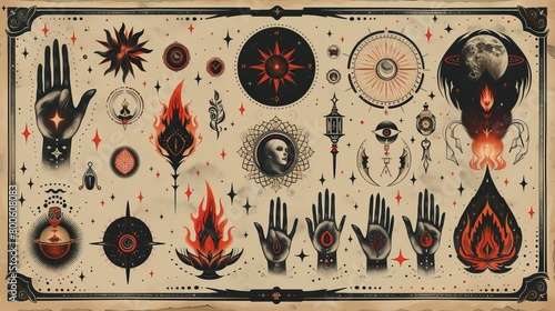 A collection of feminine hands with different symbols such as a space star, a planet or a flower, a moon or a sun, a heart or a heart kiss, an eye, a fire, or a drop. Modern illustration. photo