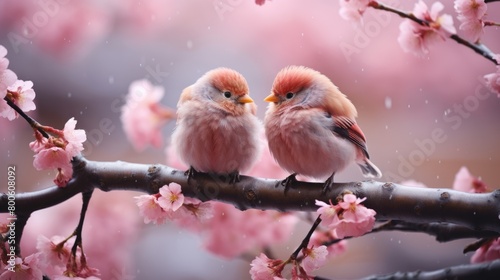 a photo two super cute fluffy snowbirds standing on a branch full of flowers and smiling happily, a pink flowers blooming tree