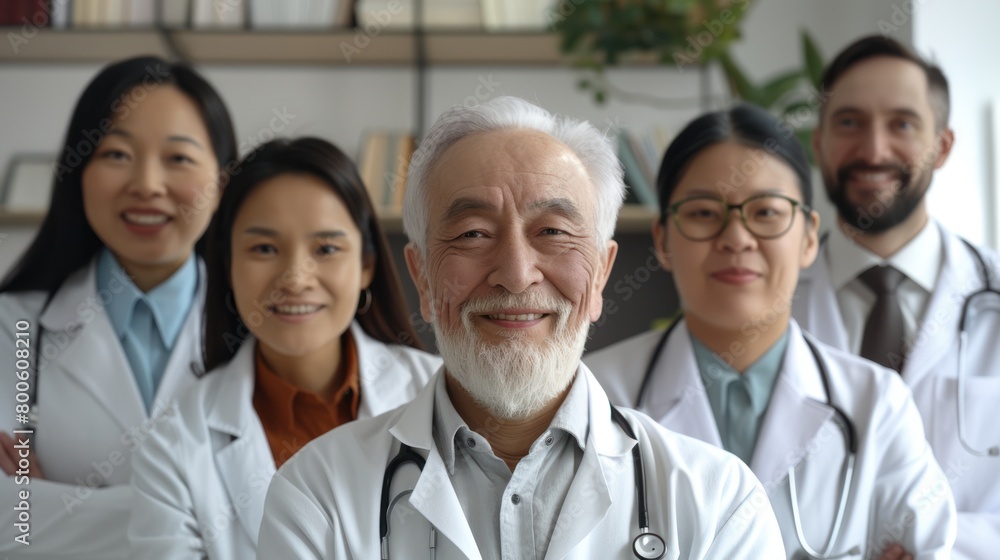 A group of doctors, in the center is a man of Asian descent. They are all dressed in lab coats and have their arms crossed over their chests. A group of doctors, in the center is a man of Asian descent. They are all dressed in lab coats and have their arms crossed over their chests.
