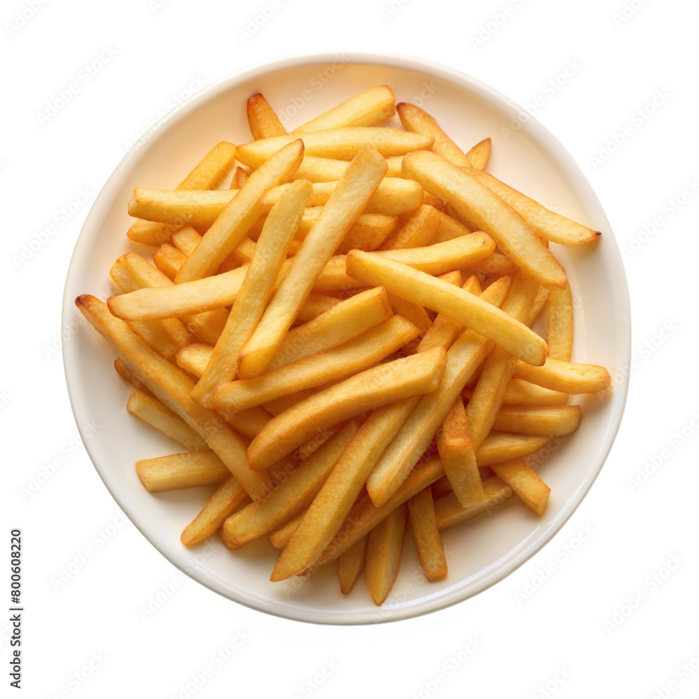 White plate filled with French fries against transparent background White plate filled with French fries against transparent background