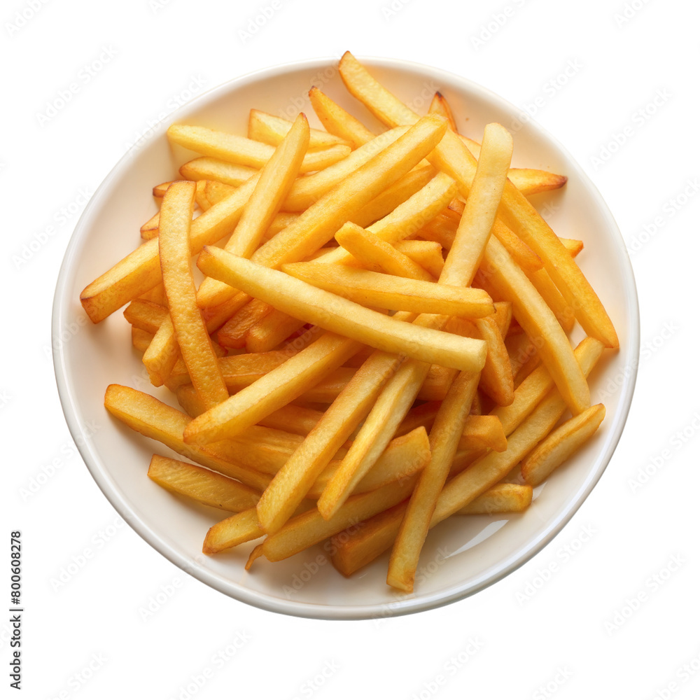 White plate filled with French fries against transparent background. White plate filled with French fries against transparent background.
