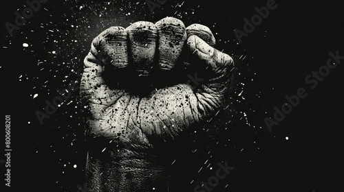 This modern poster background shows the hand of a black human holding a fist up, a gesture of protest against racism. It is a black and white illustration with a texture effect. photo