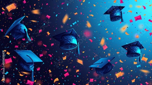 Modern illustration of the graduation party sign for the class of 2021 and a typographic greeting card with diplomas, hats and lettering. photo