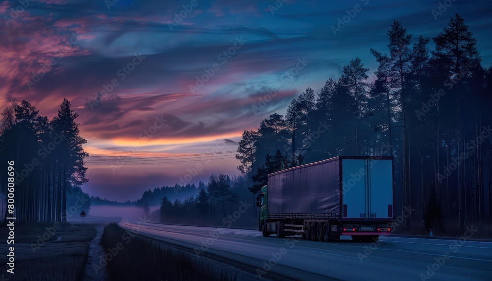 A majestic image of a semi-truck driving on an empty highway surrounded by the enchanting colors of the evening sky