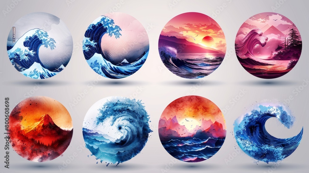 An abstract sea surges in circle. A blue liquid concept design of nature. Logo modern set. Water icon templates. Abstract sea yells in circle. Line art concept.