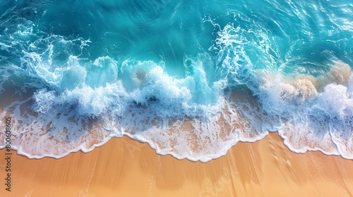 Background modern of summer holiday. Yellow sand on the beach with blue water. Text sign for summer holiday. View from the top of the beach with waves  white foam.