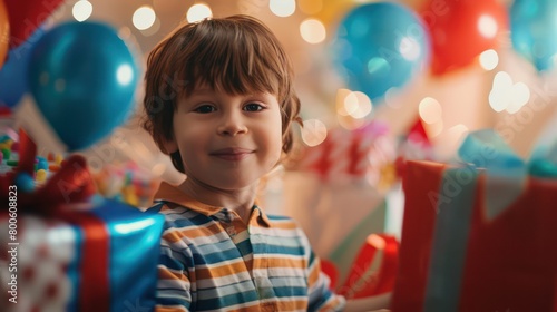A happy boy surrounded by colorful balloons and wrapped presents at a party, exuding a festive spirit