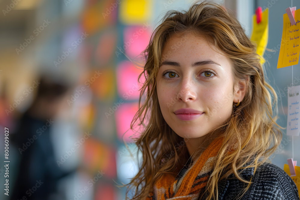 woman standing in an office space - a whiteboard with a lot of post-its in the background woman standing in an office space - a whiteboard with a lot of post-its in the background