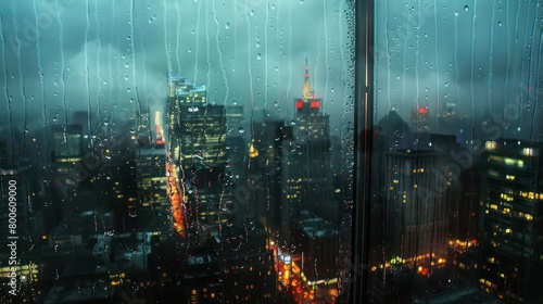 Cityscape through a rain-soaked window creates a reflective mood, glowing neon lights blurred in the background © Matthew