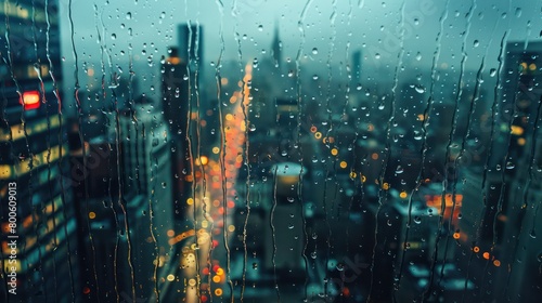 Evening city life paused by the intimate view behind a rain-spattered window, urban lights dancing in drops photo