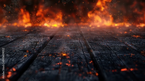 An intense close-up of fiery flames engulfing the surface of blackened, charred wooden planks with embers photo
