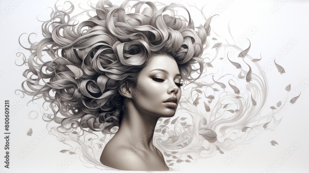 Fototapeta premium Sketch of a girl, with black and white line art of a female character. Concept: fashion and style