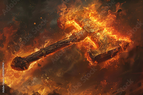 Fiery war hammer, wreathed in flames, consuming all in its path with infernal fury. photo