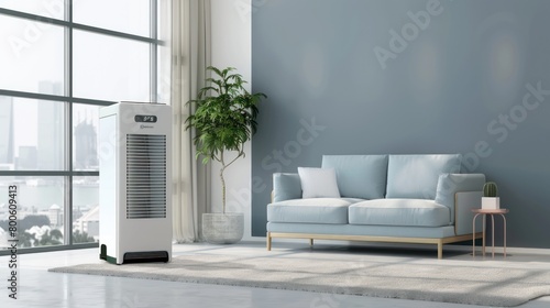 Closeup a modern portable air conditioner in house living room. Generated AI image photo