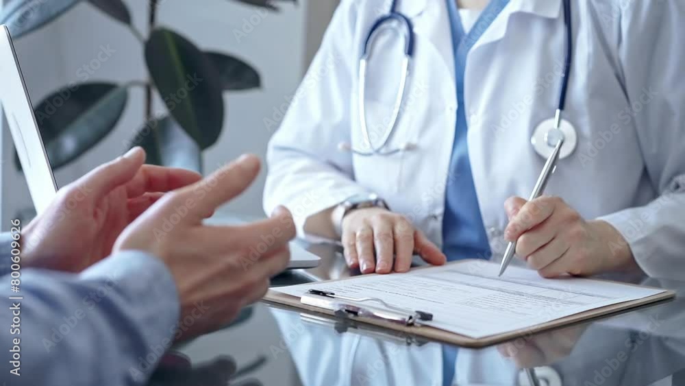 Doctor and patient discussing health concerns in medical office. Physician making notes on a clipboard. Medicine and Health care Doctor and patient discussing health concerns in medical office. Physician making notes on a clipboard. Medicine and Health care