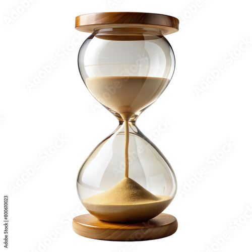 An hourglass with sand on a wooden stand, symbolizing the passage of time and the beauty of simplicity, on a transparent background.