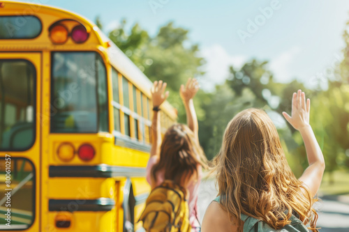 Schoolchildren wave after the school bus. end of the school year, holidays.
