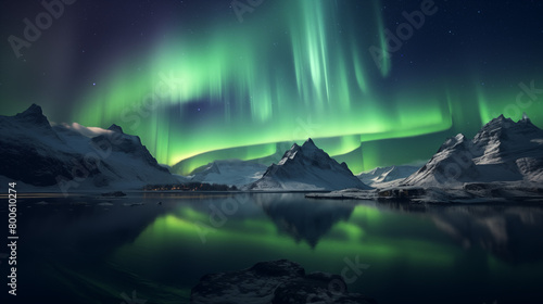 Spectacular Aurora Over Mountains with Reflective Lake