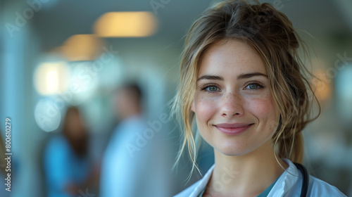 Portrait of young female hospital nurse In the medical hall, medical worker  photo