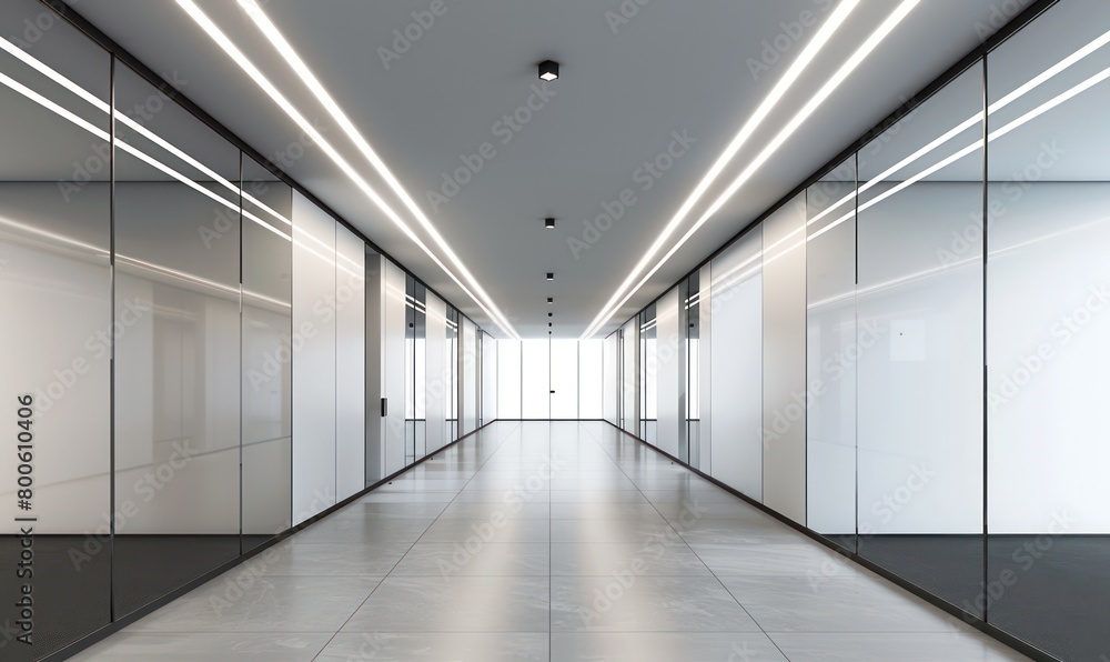 A minimalist hallway with white walls and floors, highlighted by clean LED lighting