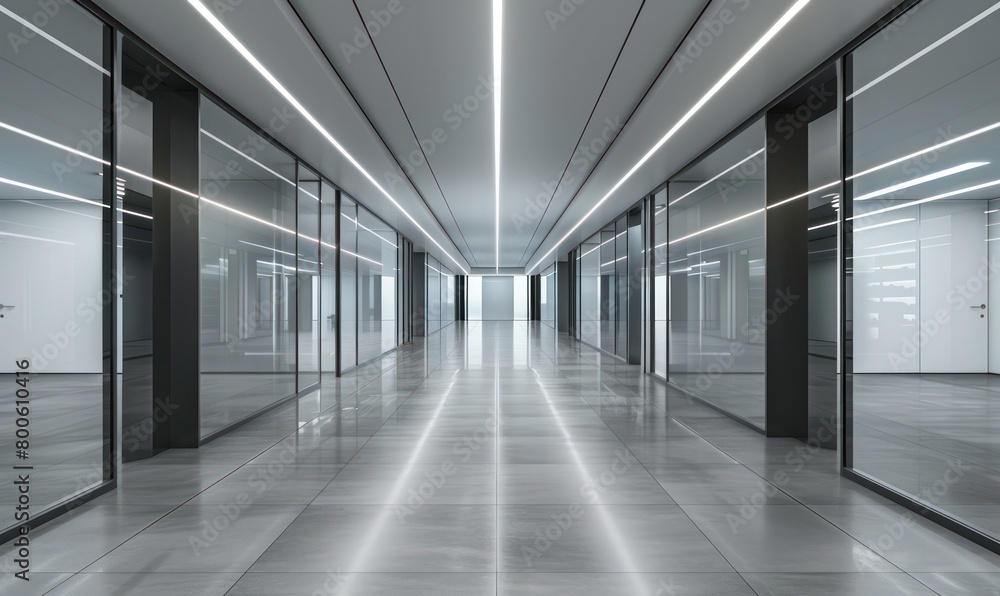 Impeccably designed modern corridor illuminated with continuous LED light strips and reflective floors