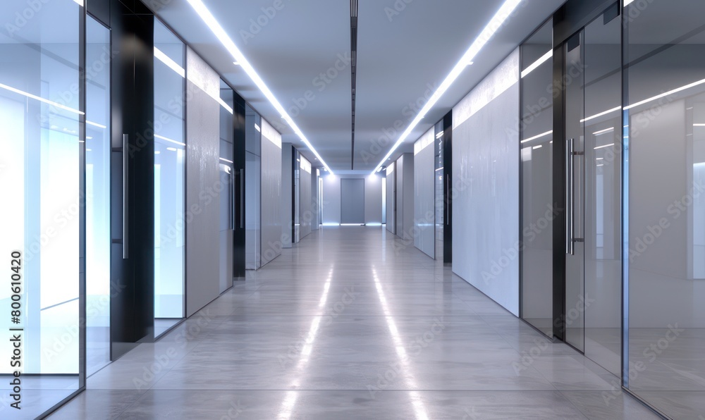 The corridor exudes a futuristic ambience, with its glowing floor and strategic lighting