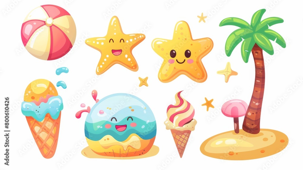 A cheerful summer vacation collection featuring beach essentials like a smiling starfish, beach ball, palm tree, and a melting ice cream cone. Vector illustration.