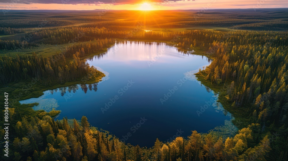 Majestic sunset over a vast forest with the sun reflecting off a secluded lake creating a breathtaking view