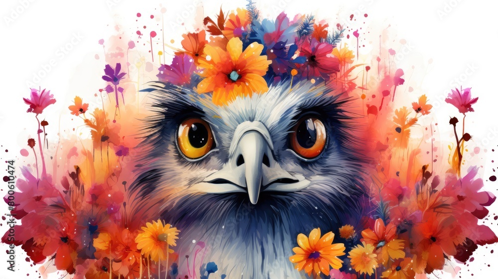 A image cute clip art of a watercolor emu n a vivid land surrounded by vibrant flora A image cute clip art of a watercolor emu n a vivid land surrounded by vibrant flora