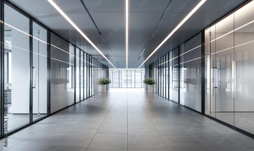 A sleek modern design of an office hallway with glass partitions reflecting the overhead LED lights