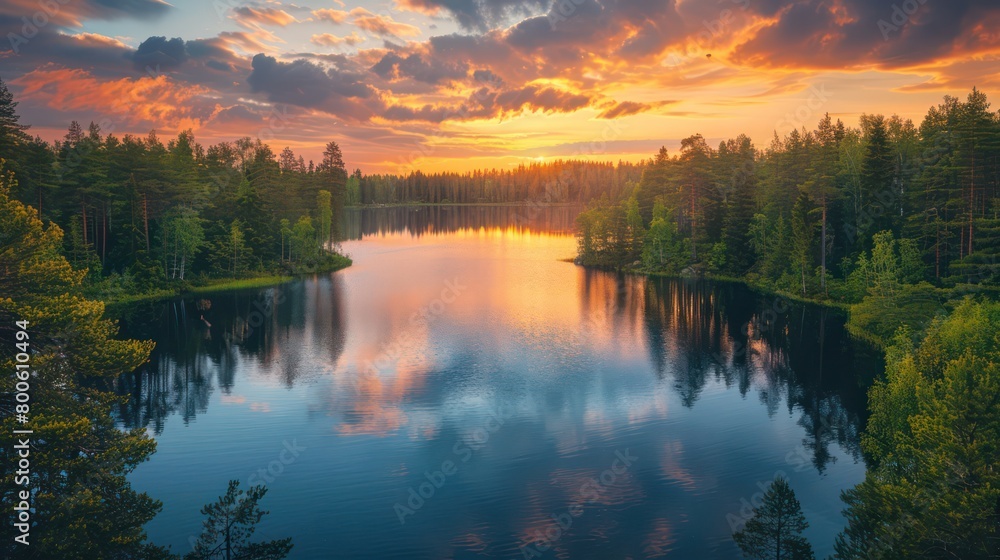 A peaceful moment captured with the sun setting over a serene lake surrounded by a tranquil forest