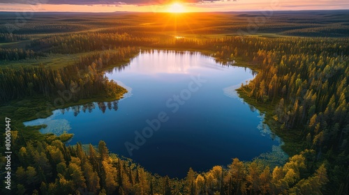Majestic sunset over a vast forest with the sun reflecting off a secluded lake creating a breathtaking view