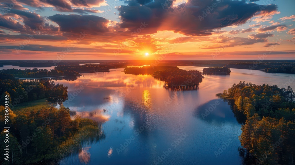 The sun sets in a blaze of glory over a large lake dotted with islands and surrounded by forests