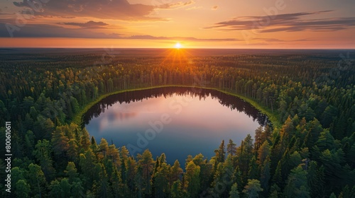 Expansive sunset view over a circular lake surrounded by dense forest  showcasing the beauty of nature