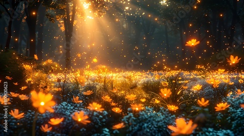 Enchanted Autumn Garden Under Starry Skies with Glowing Fireflies and Blooming Flowers