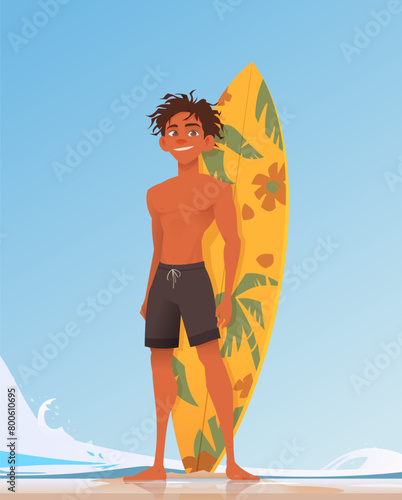 Young surfer guy standing on a sandy beach. Yellow surfboard with floral patterns behind. Waves and blue sky in the background. Summer holidays. Flat cartoon vector illustration