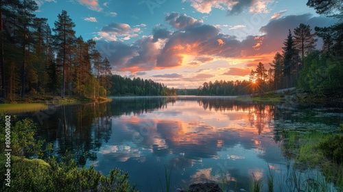 An idyllic sunrise scene  the sun s rays gently warming the peaceful lake and forest landscape
