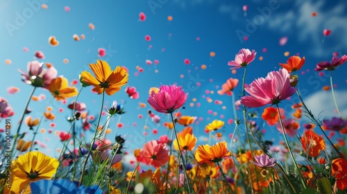 A garden with very colorful flowers and flying petals