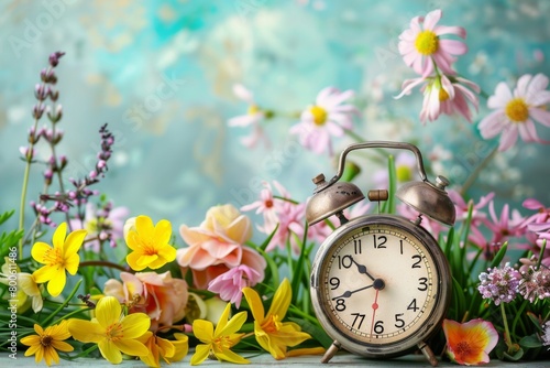 Alarm clock sits among flowers on table, blending nature with time