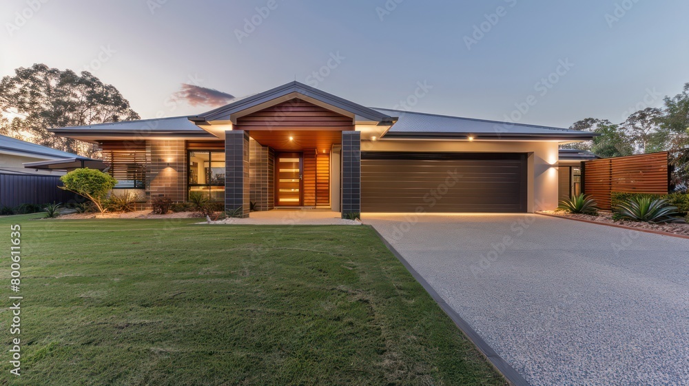 Alluring image of suburban home as the sun sets, with warm lights welcoming against the dusk sky, oozing charm and coziness Alluring image of suburban home as the sun sets, with warm lights welcoming against the dusk sky, oozing charm and coziness